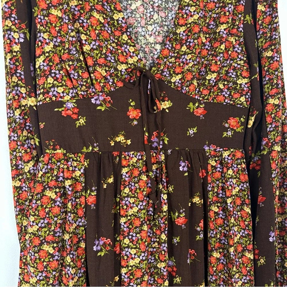 SO‎ Dress Size Medium Brown Ditzy Floral Patchwork Boho Prairie Hippie Smocked